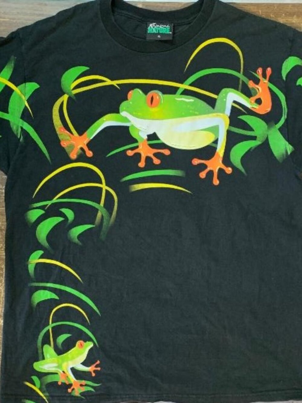 VTG Radical Nature Tropical Amazon Rainforest Frog Black Neon T Shirt Men's XL